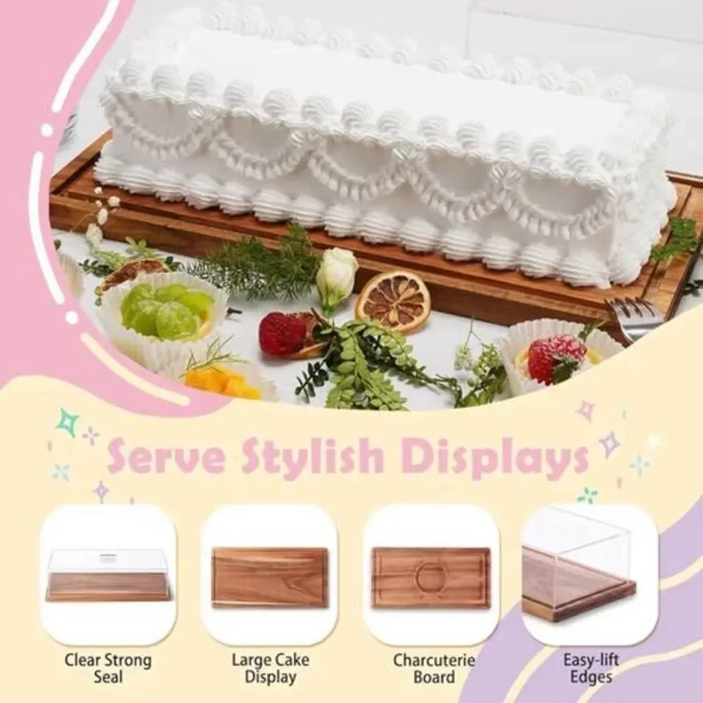Acacia Wood Cake Stand & Acrylic Lid, 2-in-1 Charcuterie Table Display Set